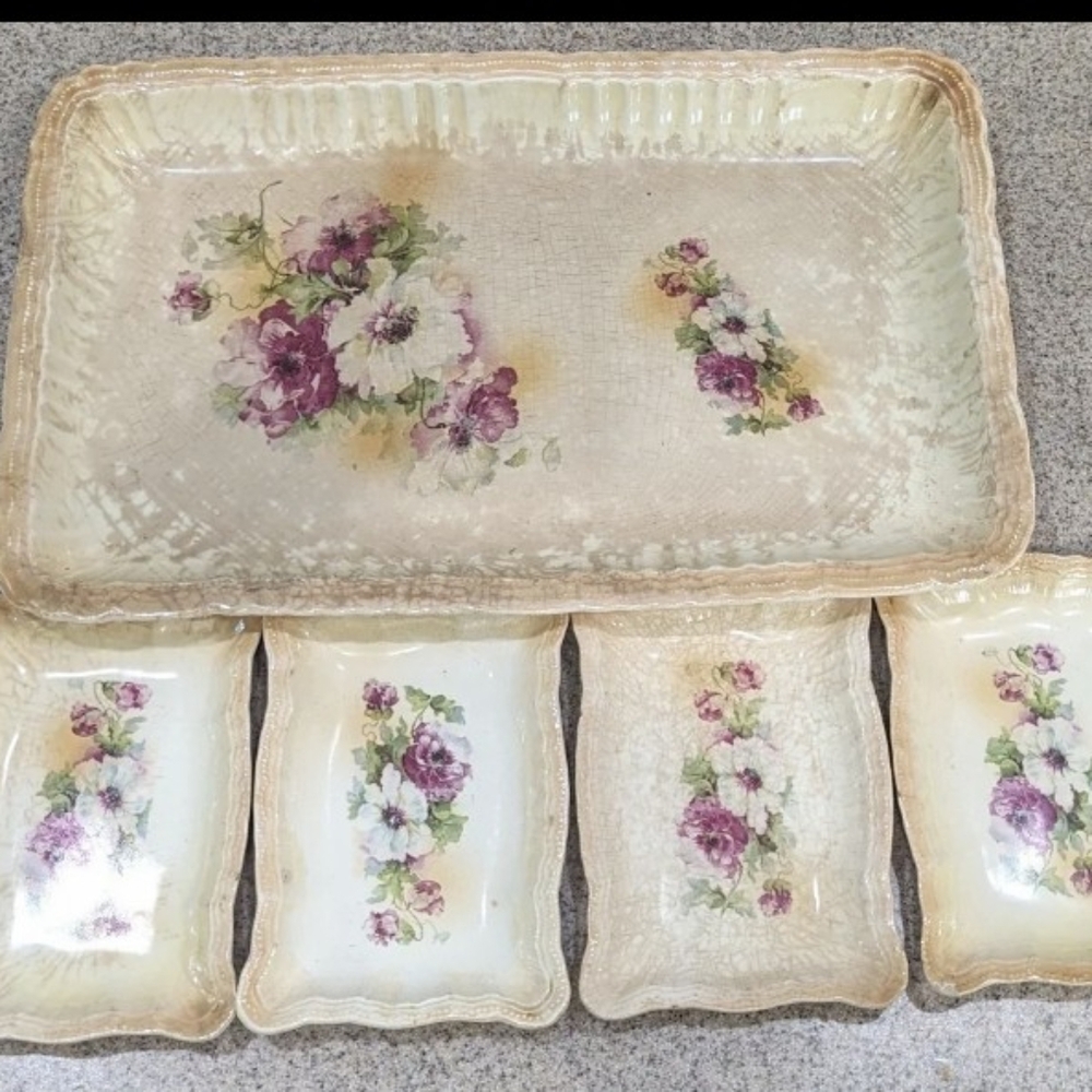 Antique Royal Bonn Germany Floral Rectangular Serving Dish & 6 Small Plates